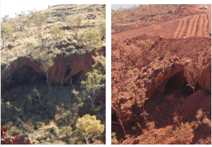Juukan Gorge in 2013, left, and 2020.(Supplied: Puutu Kunti Kurrama And Pinikura Aboriginal Corporation, Composite ABC News)
