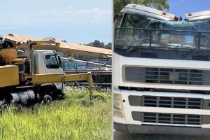 Collapsed boom damages truck